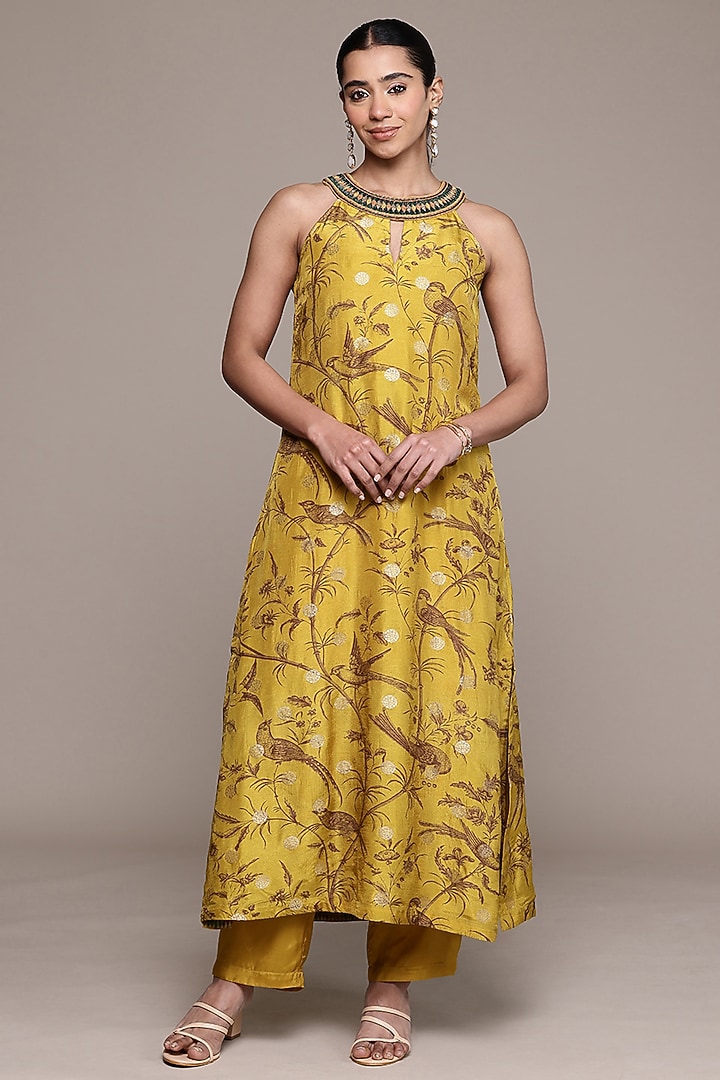 Mustard Viscose Lurex Printed Kurta Set by Ritu Kumar at Pernia's Pop Up Shop