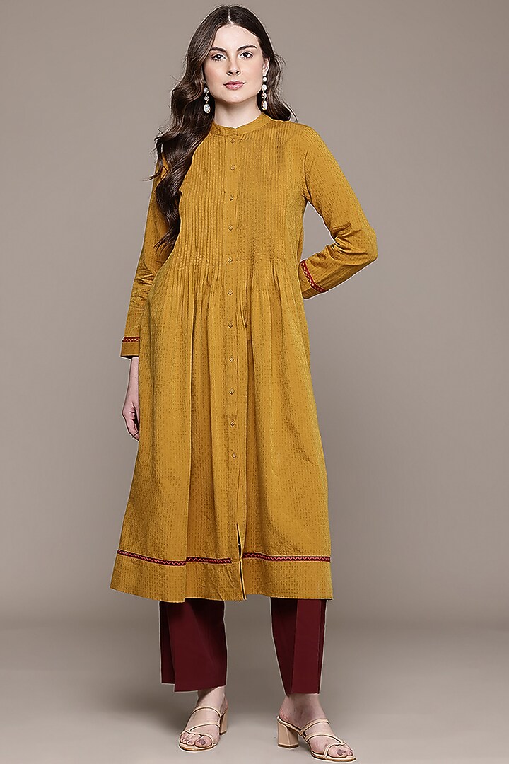 Yellow Cotton Viscose Dobby A-Line Kurta by Ritu Kumar at Pernia's Pop Up Shop