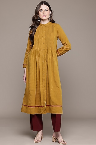 Yellow Cotton Viscose Dobby A-Line Kurta by Ritu Kumar