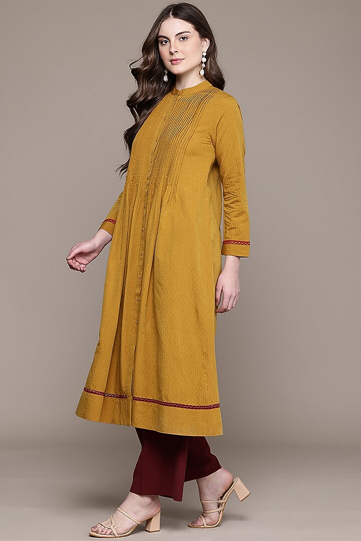 Yellow Cotton Viscose Dobby A-Line Kurta by Ritu Kumar at Pernia's Pop Up Shop