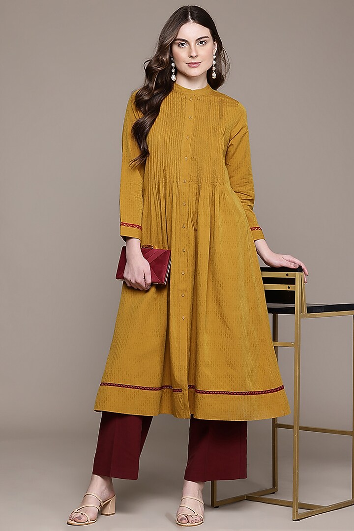 Yellow Cotton Viscose Dobby A-Line Kurta by Ritu Kumar at Pernia's Pop Up Shop