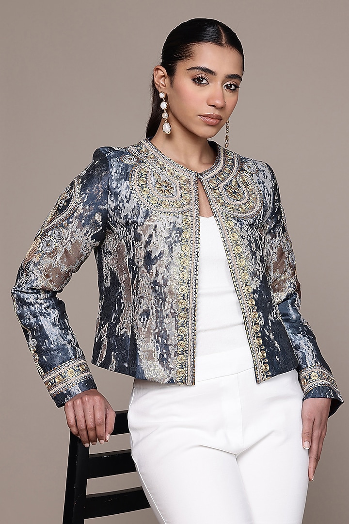 Blue Poly Jacquard Printed Jacket by Ritu Kumar at Pernia's Pop Up Shop