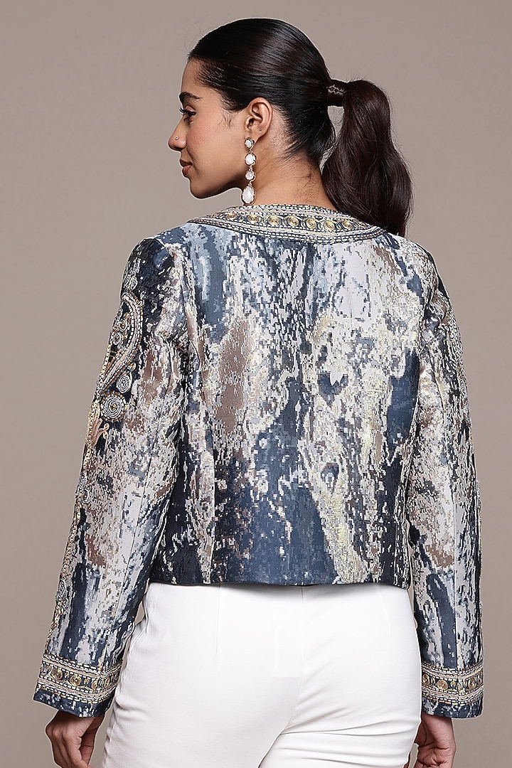 Blue Poly Jacquard Printed Jacket by Ritu Kumar at Pernia's Pop Up Shop