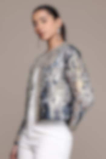Blue Poly Jacquard Printed Jacket by Ritu Kumar at Pernia's Pop Up Shop