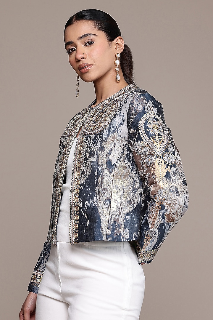 Blue Poly Jacquard Printed Jacket by Ritu Kumar at Pernia's Pop Up Shop