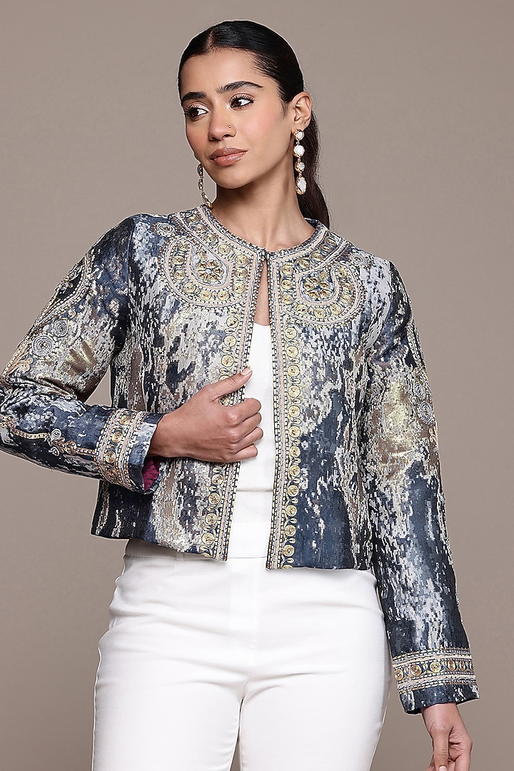 Blue Poly Jacquard Printed Jacket by Ritu Kumar at Pernia's Pop Up Shop