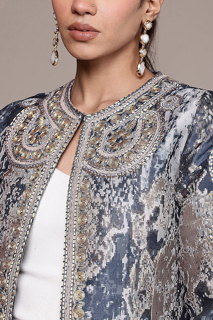 Blue Poly Jacquard Printed Jacket by Ritu Kumar at Pernia's Pop Up Shop