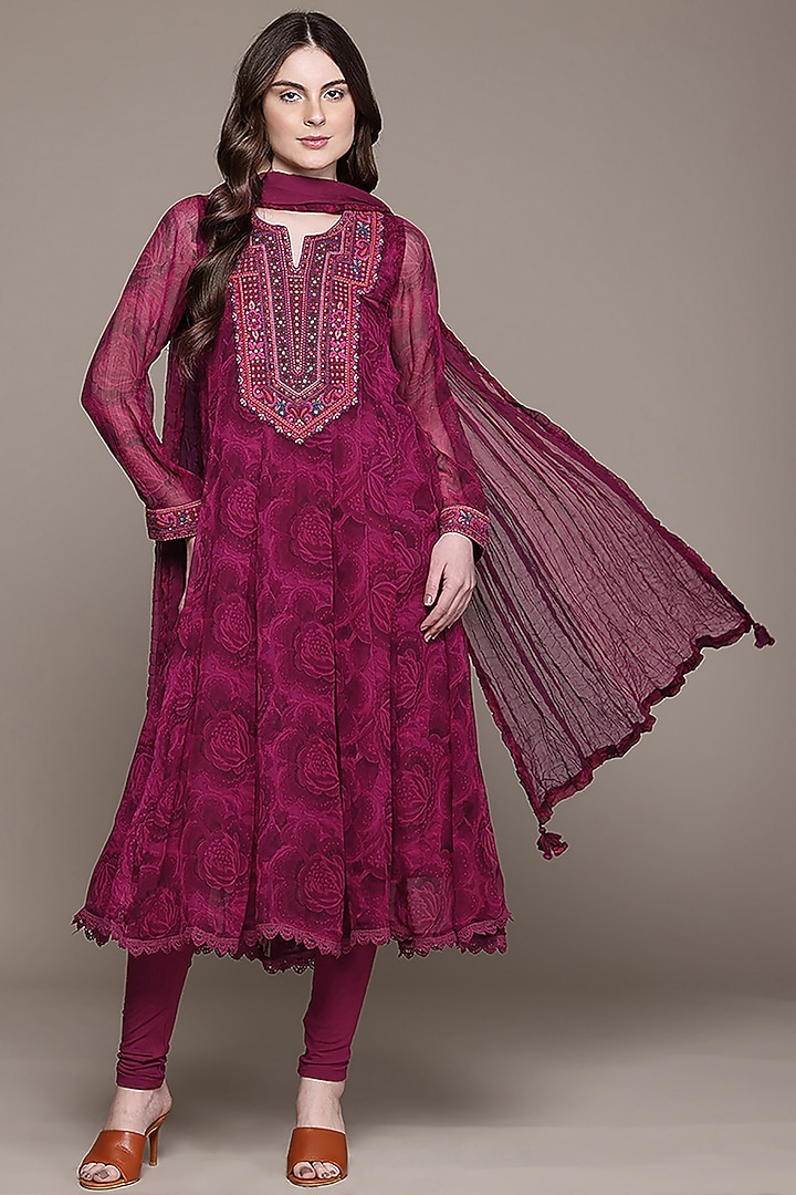 Fuchsia Viscose Chiffon Floral Printed Kurta Set by Ritu Kumar at Pernia's Pop Up Shop