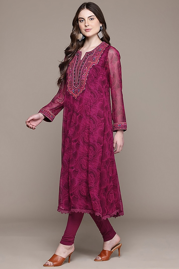 Fuchsia Viscose Chiffon Floral Printed Kurta Set by Ritu Kumar at Pernia's Pop Up Shop