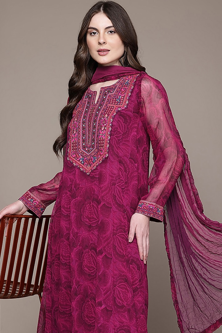 Fuchsia Viscose Chiffon Floral Printed Kurta Set by Ritu Kumar at Pernia's Pop Up Shop
