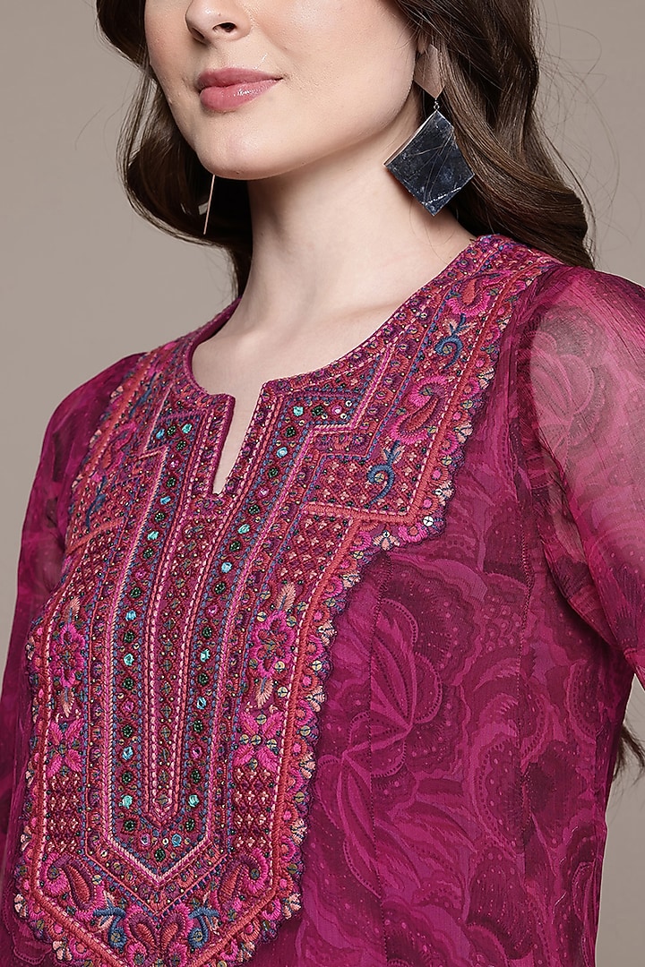 Fuchsia Viscose Chiffon Floral Printed Kurta Set by Ritu Kumar at Pernia's Pop Up Shop
