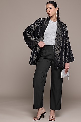 Black Polyester Straight Pants by Ritu Kumar
