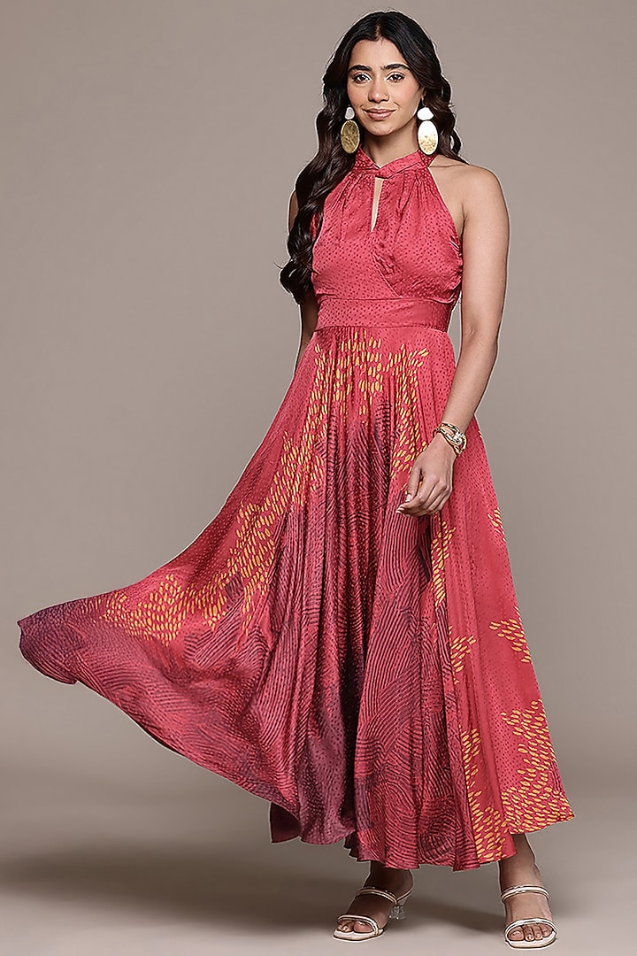 Red Viscose Dobby Halter Maxi Vacation Dress by Ritu Kumar at Pernia's Pop Up Shop