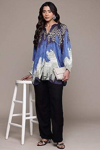 Peach Viscose Dobby Abstract Printed Top by Ritu Kumar