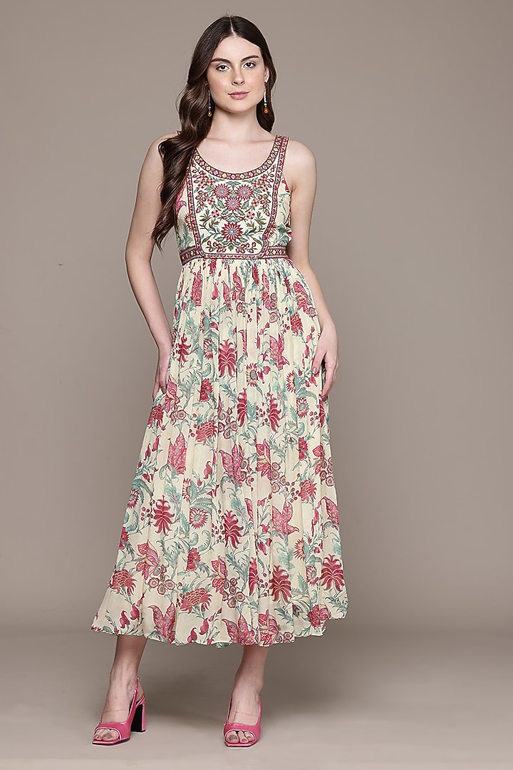 Ecru Beige Viscose Chinon Midi Summer Dress by Ritu Kumar at Pernia's Pop Up Shop