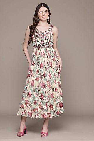 Ecru Beige Viscose Chinon Midi Dress by Ritu Kumar