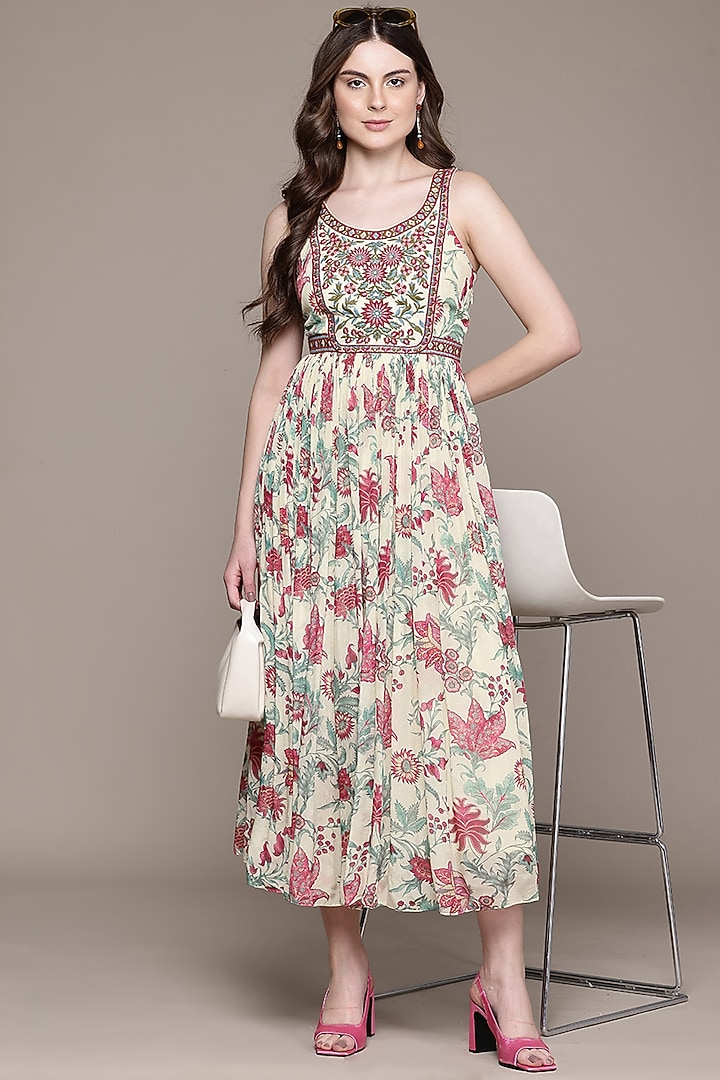 Ecru Beige Viscose Chinon Midi Summer Dress by Ritu Kumar at Pernia's Pop Up Shop