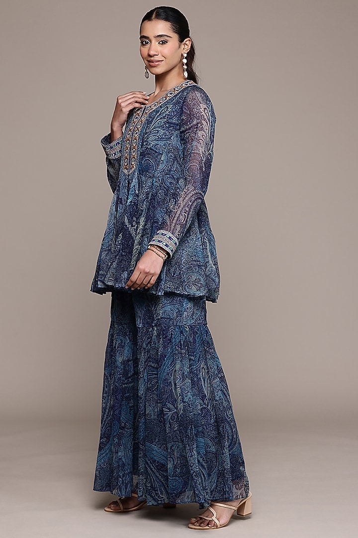 Black Viscose Chiffon Paisley Printed Party Wear Sharara Set by Ritu Kumar at Pernia's Pop Up Shop