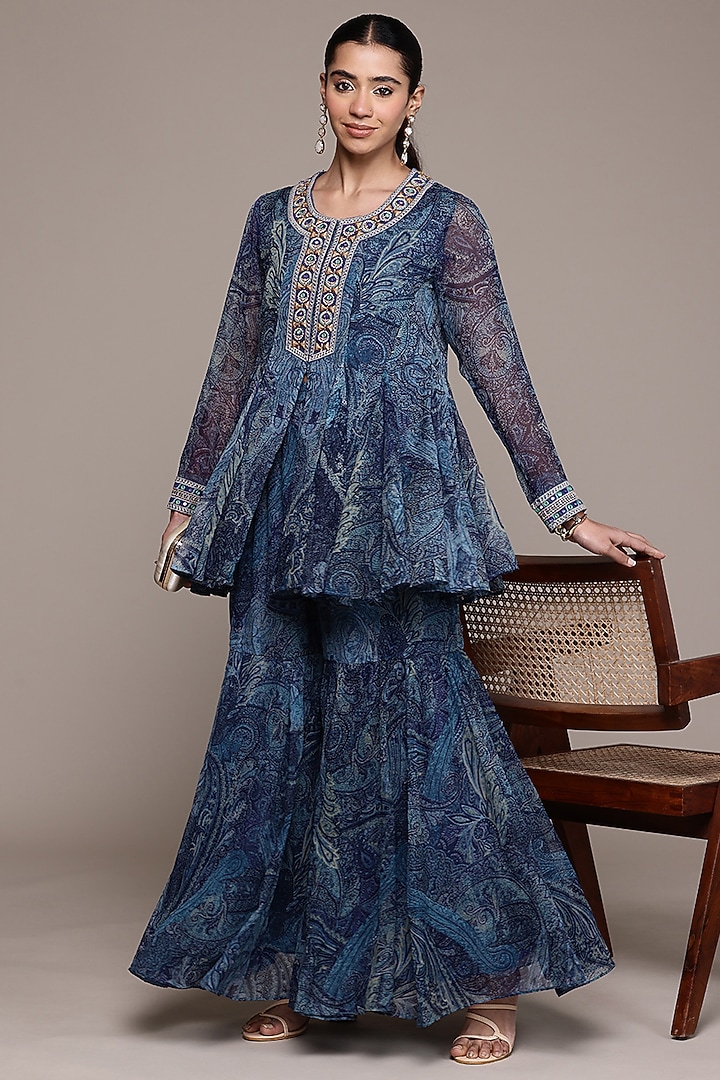 Black Viscose Chiffon Paisley Printed Party Wear Sharara Set by Ritu Kumar at Pernia's Pop Up Shop