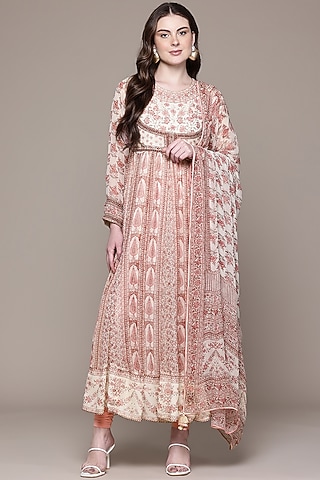 Pink Viscose Chiffon Floral Printed Kurta Set by Ritu Kumar
