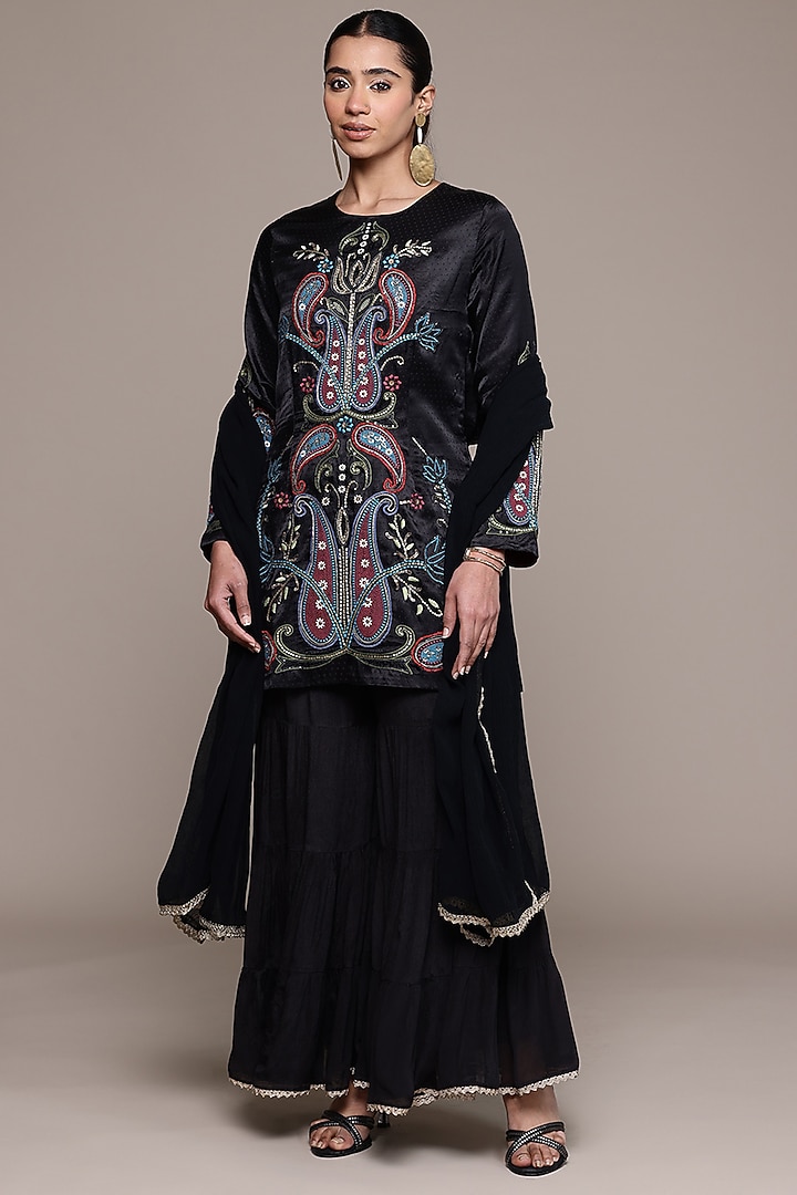 Black Viscose Chiffon Party Wear Sharara Set by Ritu Kumar at Pernia's Pop Up Shop