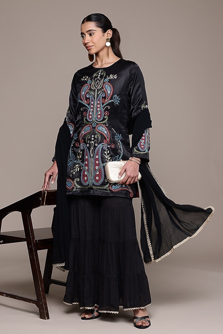 Black Viscose Chiffon Party Wear Sharara Set by Ritu Kumar at Pernia's Pop Up Shop