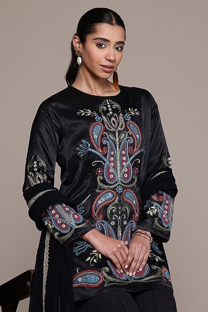 Black Viscose Chiffon Party Wear Sharara Set by Ritu Kumar at Pernia's Pop Up Shop