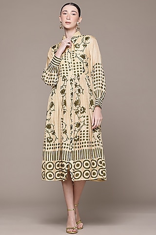 Beige Viscose Bamberg Printed Midi Dress by Ritu Kumar