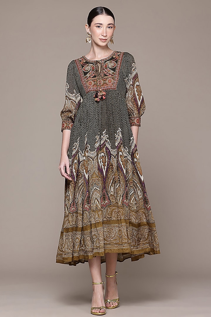 Olive Green Viscose Chinon Printed Midi Vacation Dress by Ritu Kumar at Pernia's Pop Up Shop