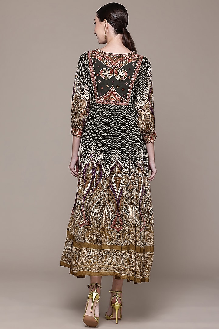 Olive Green Viscose Chinon Printed Midi Vacation Dress by Ritu Kumar at Pernia's Pop Up Shop