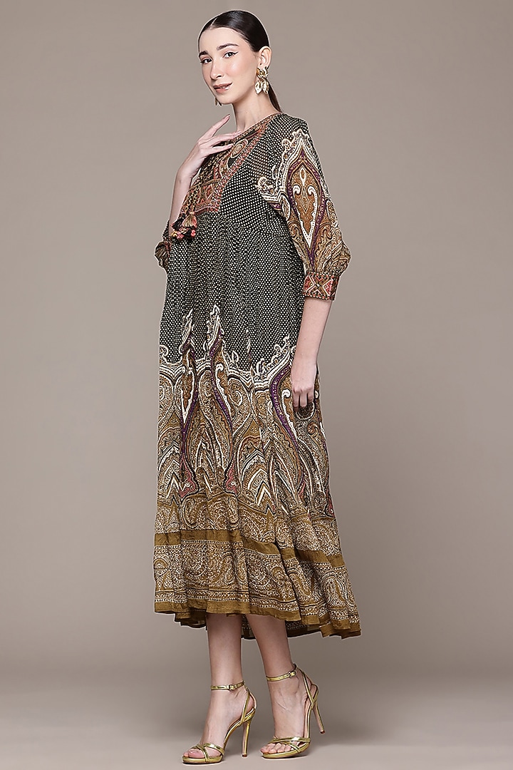 Olive Green Viscose Chinon Printed Midi Vacation Dress by Ritu Kumar at Pernia's Pop Up Shop