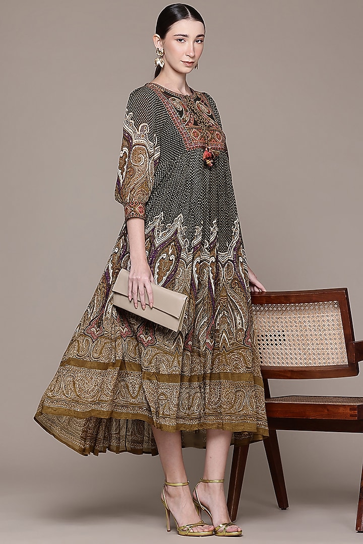 Olive Green Viscose Chinon Printed Midi Vacation Dress by Ritu Kumar at Pernia's Pop Up Shop