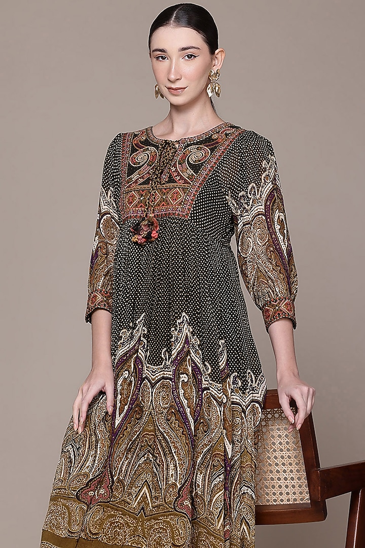 Olive Green Viscose Chinon Printed Midi Vacation Dress by Ritu Kumar at Pernia's Pop Up Shop