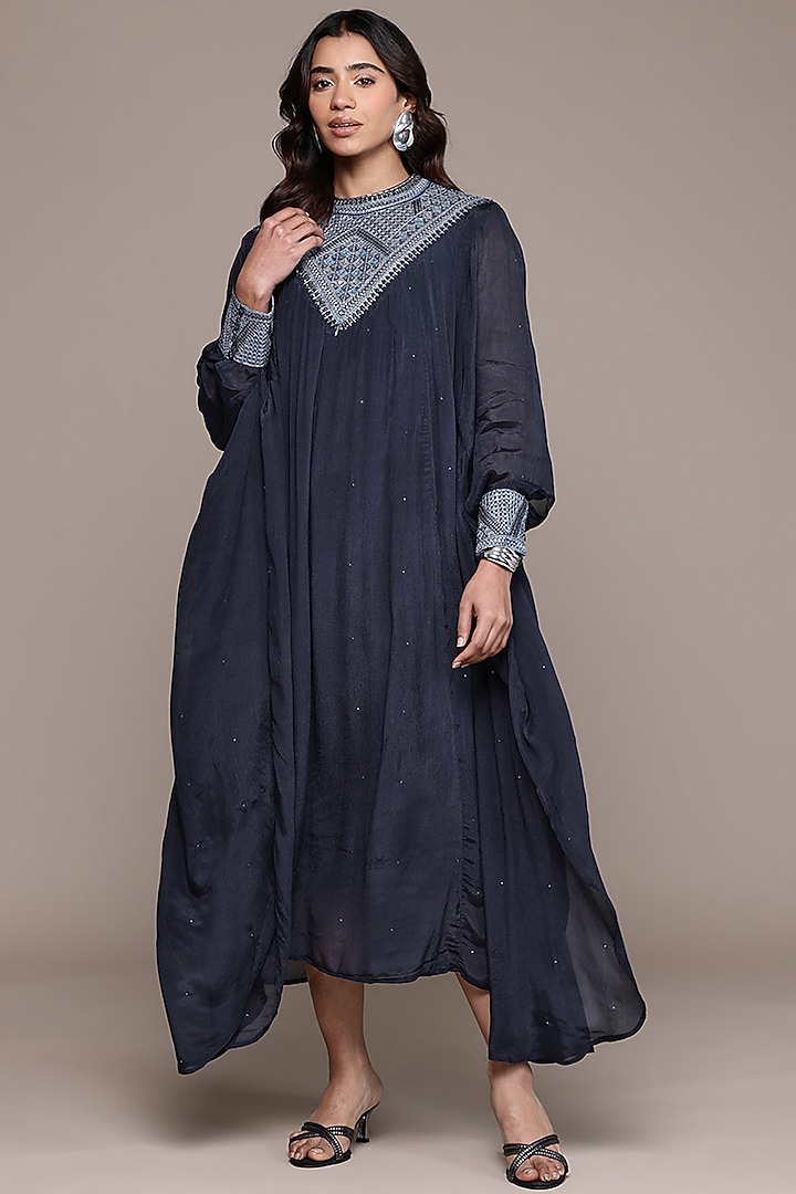 Blue Viscose Chinon Printed Maxi Vacation Dress by Ritu Kumar at Pernia's Pop Up Shop