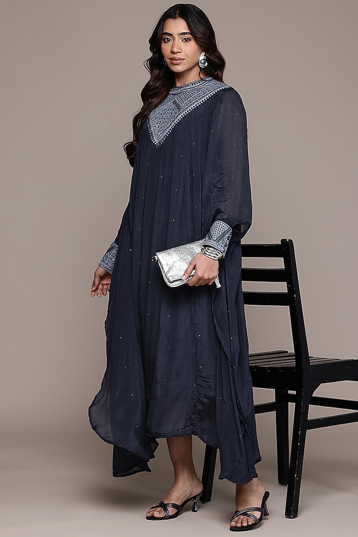 Blue Viscose Chinon Printed Maxi Vacation Dress by Ritu Kumar at Pernia's Pop Up Shop