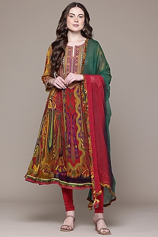 Multi-Colored Viscose Chiffon Paisley Printed Kurta Set by Ritu Kumar
