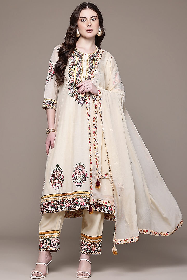 Ecru Viscose Linen Georgette Kurta Set by Ritu Kumar at Pernia's Pop Up Shop