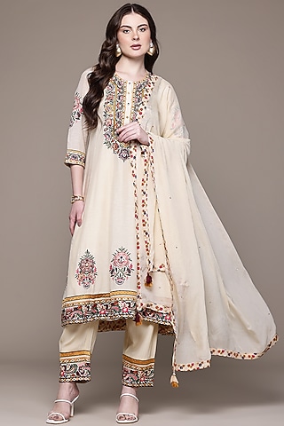 Ecru Viscose Linen Georgette Kurta Set by Ritu Kumar