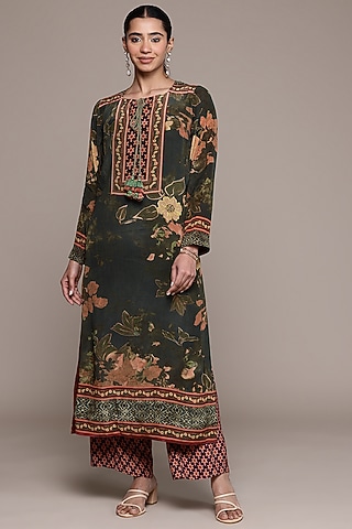 Black Viscose Crepe Floral Printed Kurta Set by Ritu Kumar