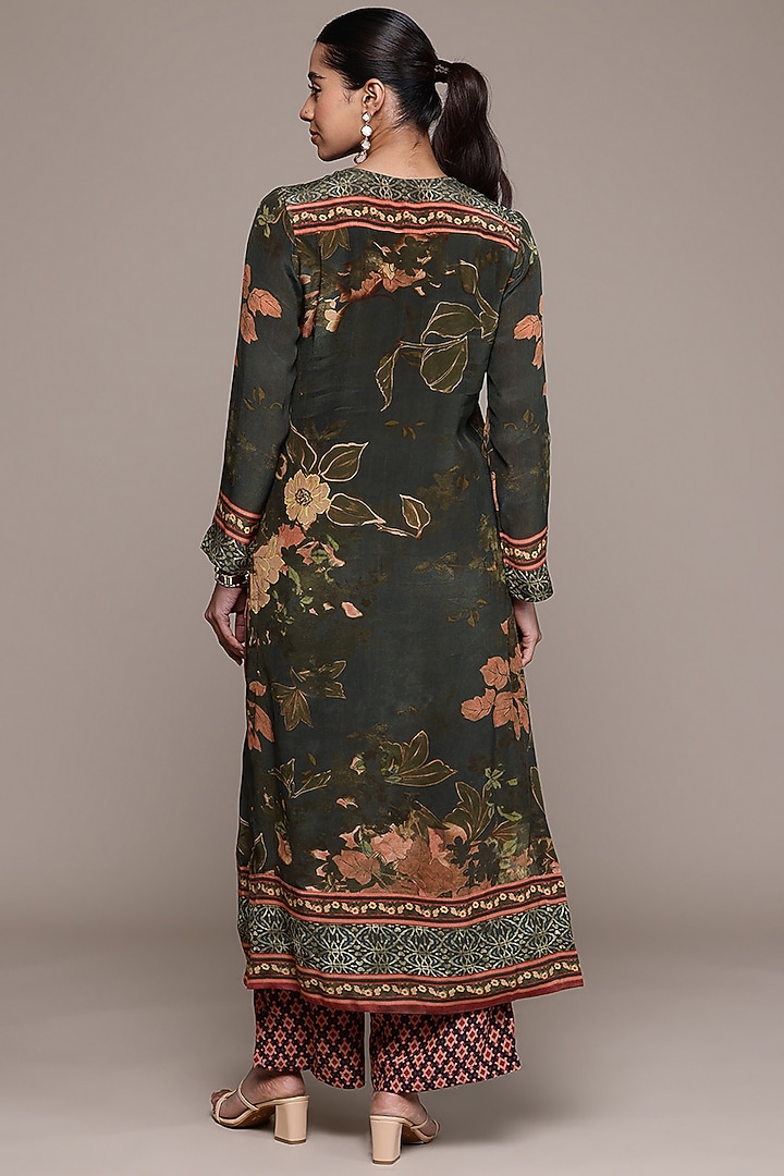 Black Viscose Crepe Floral Printed Kurta Set by Ritu Kumar at Pernia's Pop Up Shop