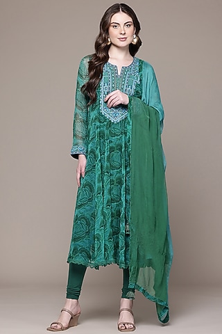 Emerald Green Viscose Chiffon Printed Kurta Set by Ritu Kumar