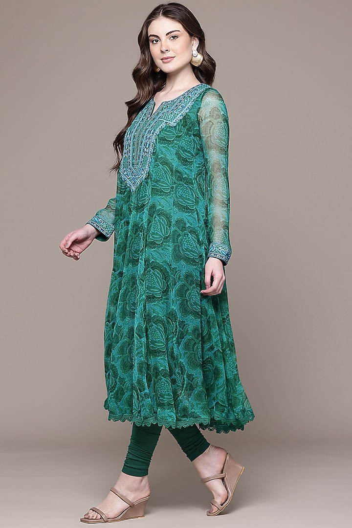 Emerald Green Viscose Chiffon Printed Kurta Set by Ritu Kumar at Pernia's Pop Up Shop