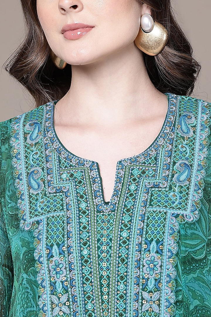 Emerald Green Viscose Chiffon Printed Kurta Set by Ritu Kumar at Pernia's Pop Up Shop
