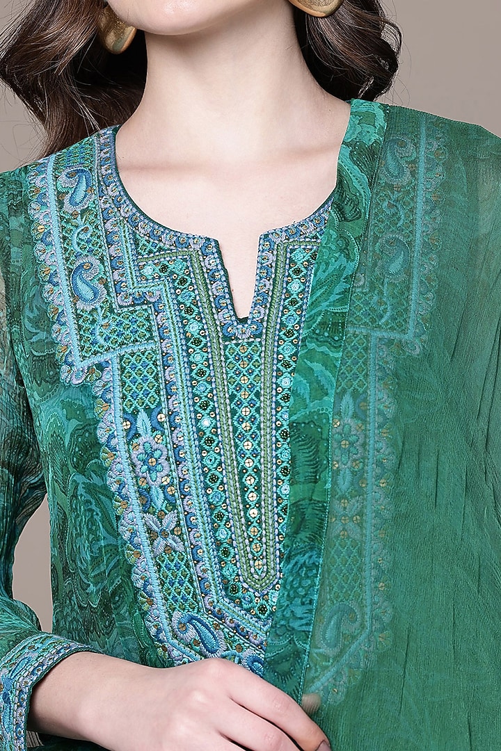 Emerald Green Viscose Chiffon Printed Kurta Set by Ritu Kumar at Pernia's Pop Up Shop