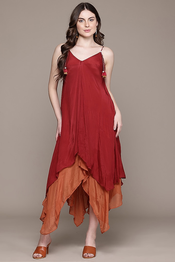 Red Viscose Chinon Cascade Maxi Summer Dress by Ritu Kumar at Pernia's Pop Up Shop
