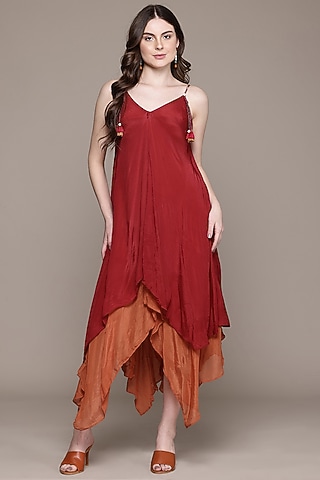 Red Viscose Chinon Cascade Maxi Dress by Ritu Kumar