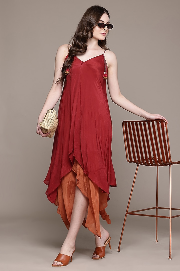 Red Viscose Chinon Cascade Maxi Summer Dress by Ritu Kumar at Pernia's Pop Up Shop