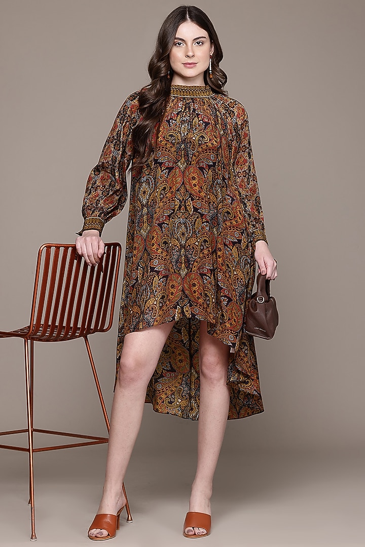 Brown Viscose Crepe Kamakshi High-Low Mini Summer Dress by Ritu Kumar at Pernia's Pop Up Shop