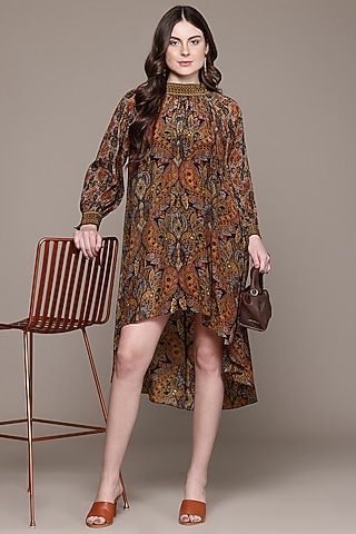 Brown Viscose Crepe Kamakshi High-Low Mini Dress by Ritu Kumar
