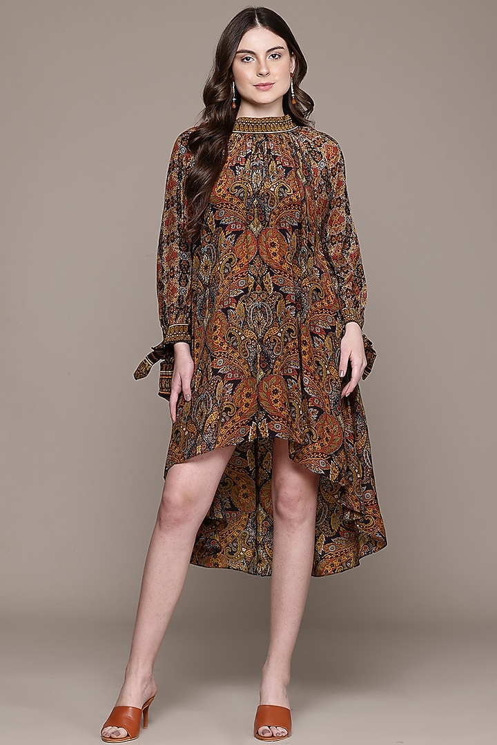 Brown Viscose Crepe Kamakshi High-Low Mini Summer Dress by Ritu Kumar at Pernia's Pop Up Shop